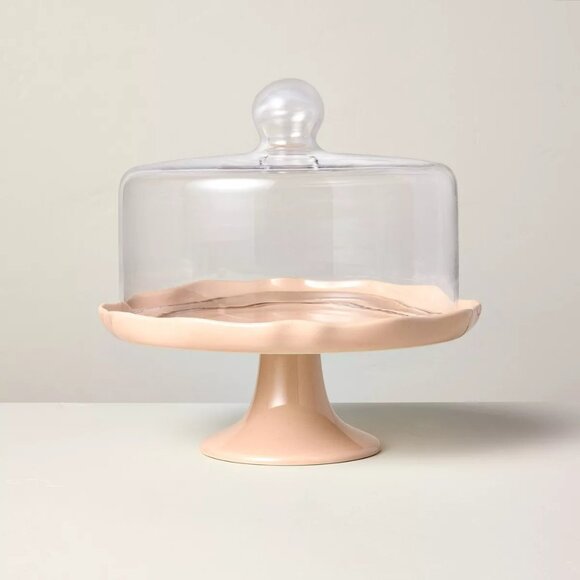 Scalloped Stoneware Covered Dessert Stand Blush Hearth